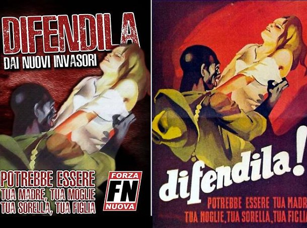 Il manifesto di FN, a destra l'originale dei repubblichini