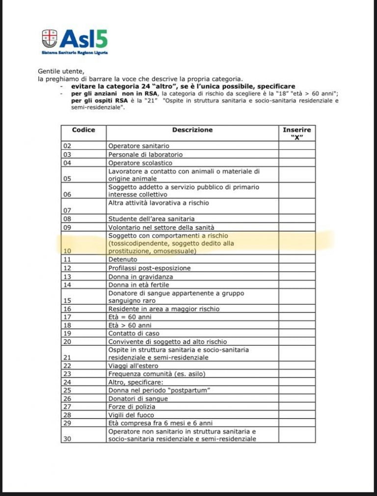 Vaccino covid: omosessuali tra i "comportamenti a rischio" per la Asl